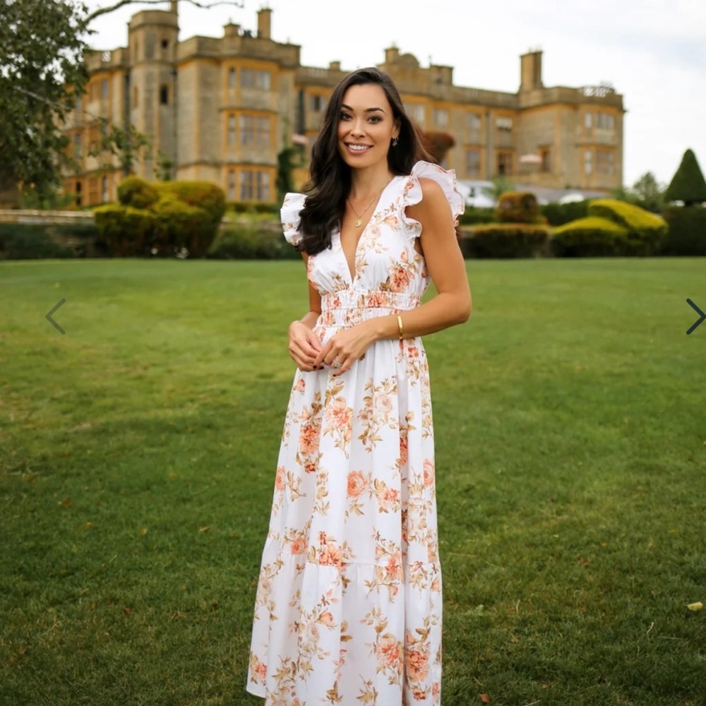 Floral Ruffle Sleeve Maxi Dress - White with Peach Blooms